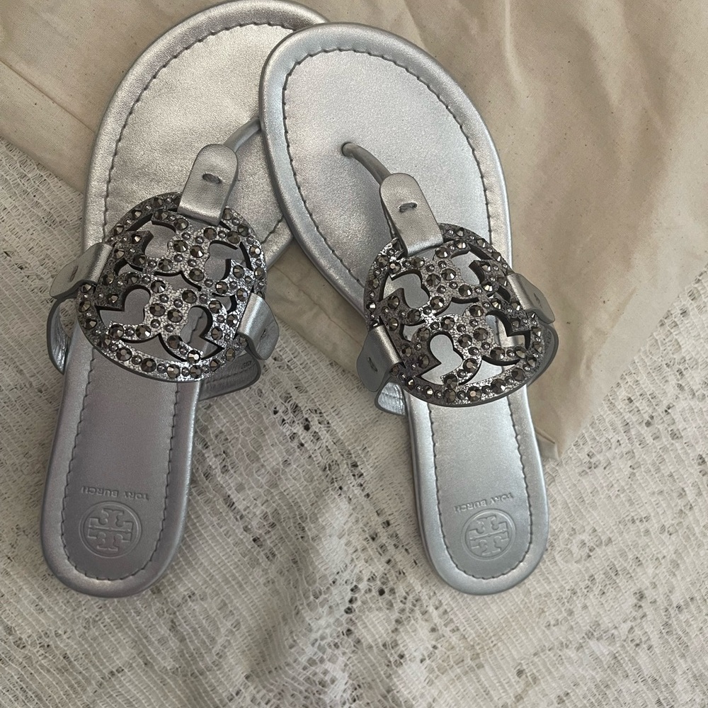 Tory Burch Silver Crystal Miller Thong Sandals - Picture 2 of 3